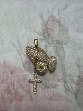 GLD Iced Praying Hands with Cross Pendant in Gold Tone
